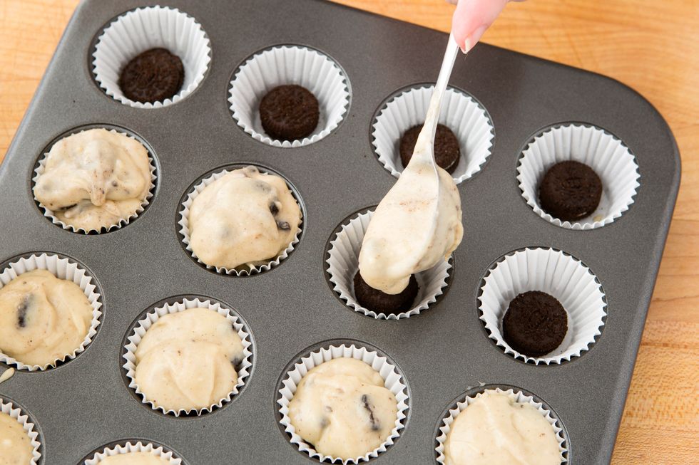 Grab your mini cupcake pan and add batter to each liner, making sure to fill each almost to the top. Bake for 10-11 minutes or until a toothpick in the center comes out clean. 
