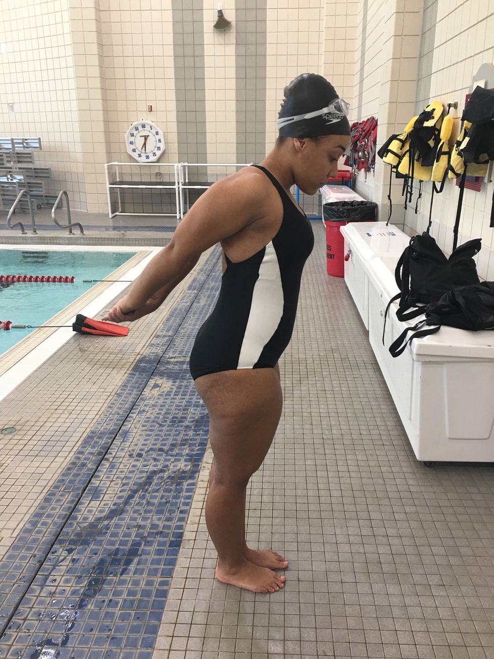 Grab your right wrist with your left hand (or vice versa if you are more comfortable). Position them behind your back and push your chest forward. Hold for 30 seconds.