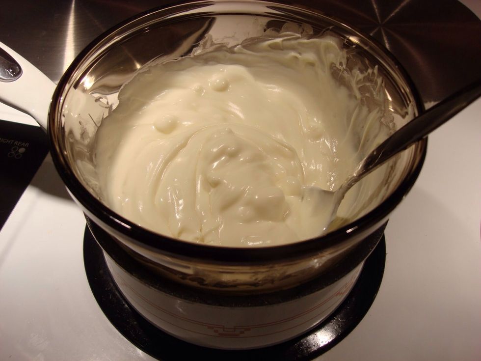 Grab your white chocolate and pour it into a bowl, then put about a inch of water in a pot on low heat. Place the bowl on top and move constantly.