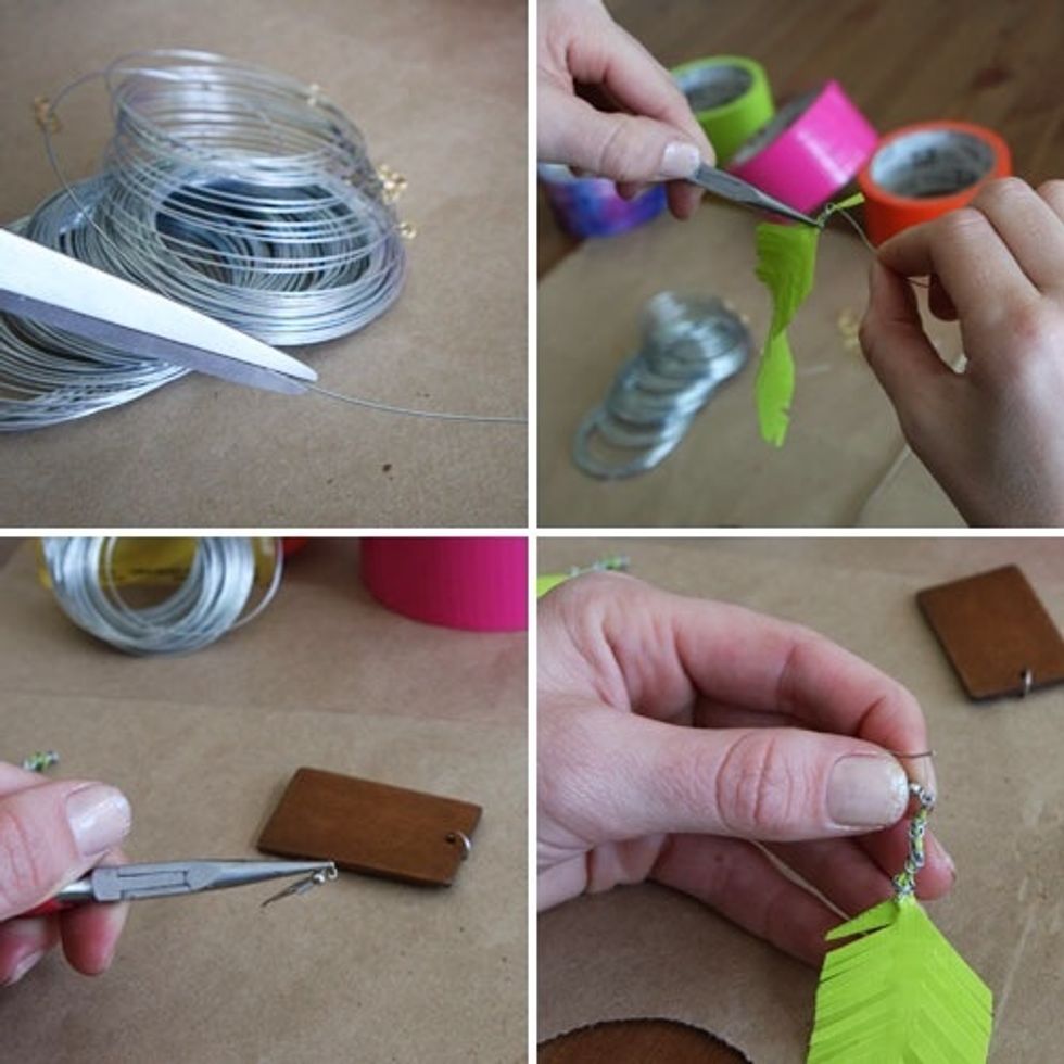 Grab your wire and cut 3" to wrap the stem of your feather using your pliers. Leave a small loop to attach your earring hook.