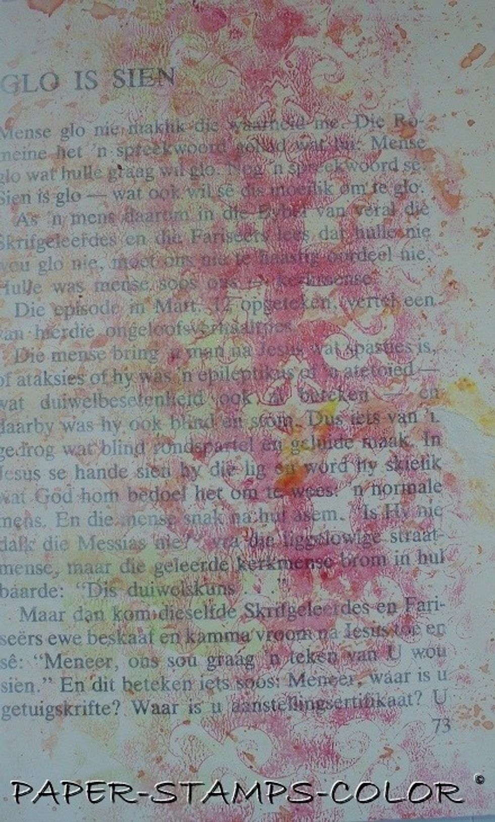 Grab yourself a page of bookpaper to which you cleaned up a stencil to match the colors in the background. This was a leftover from the monoprinting I did in my previous post for Art Anthology.