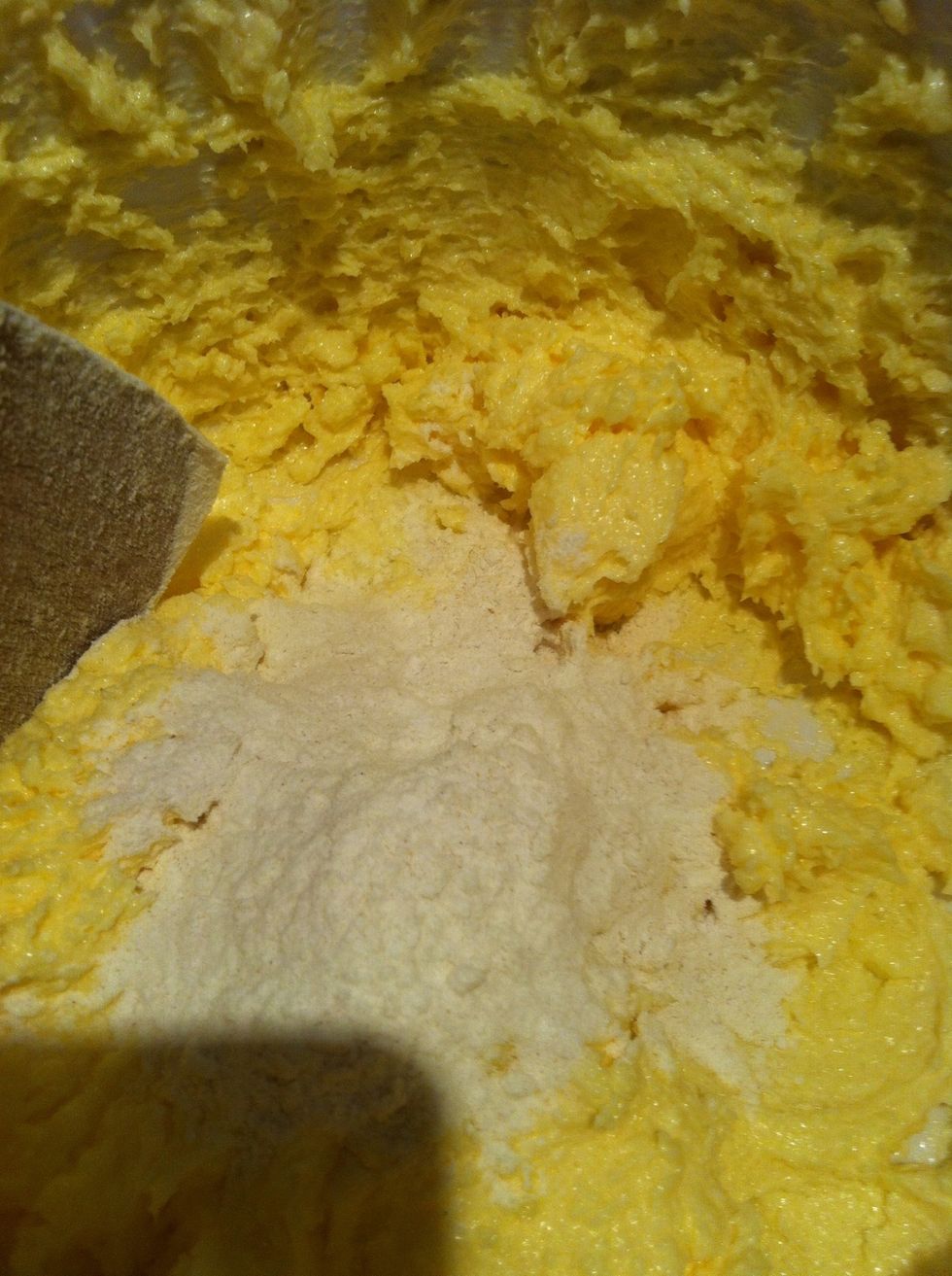 Gradually 1 spoon at a time, add the flour to the sugar butter and egg mixture.