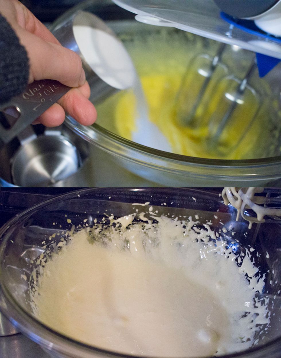 Gradually add 1/2 cup sugar into egg yolk mixture, beating until thick and well blended. Set aside.