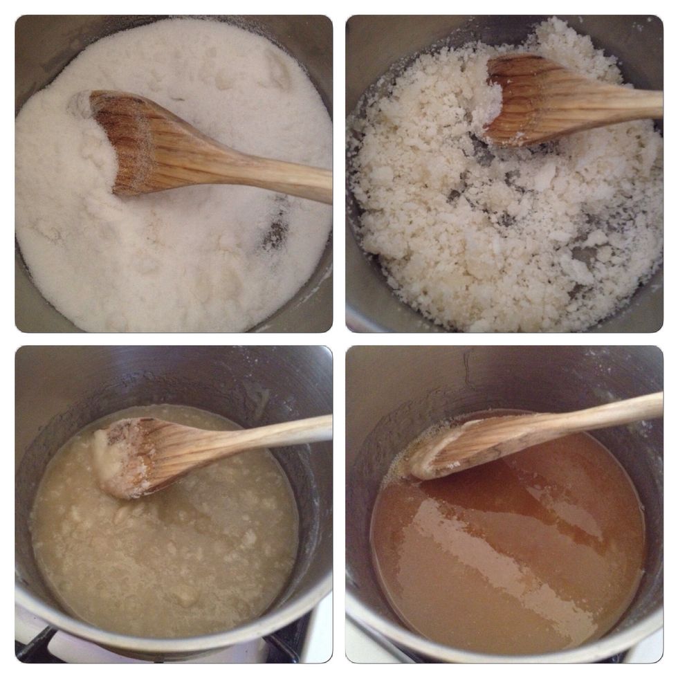 Gradually the sugar will start forming clumps. Keep stirring! Eventually it will melt into a caramel-colored liquid.