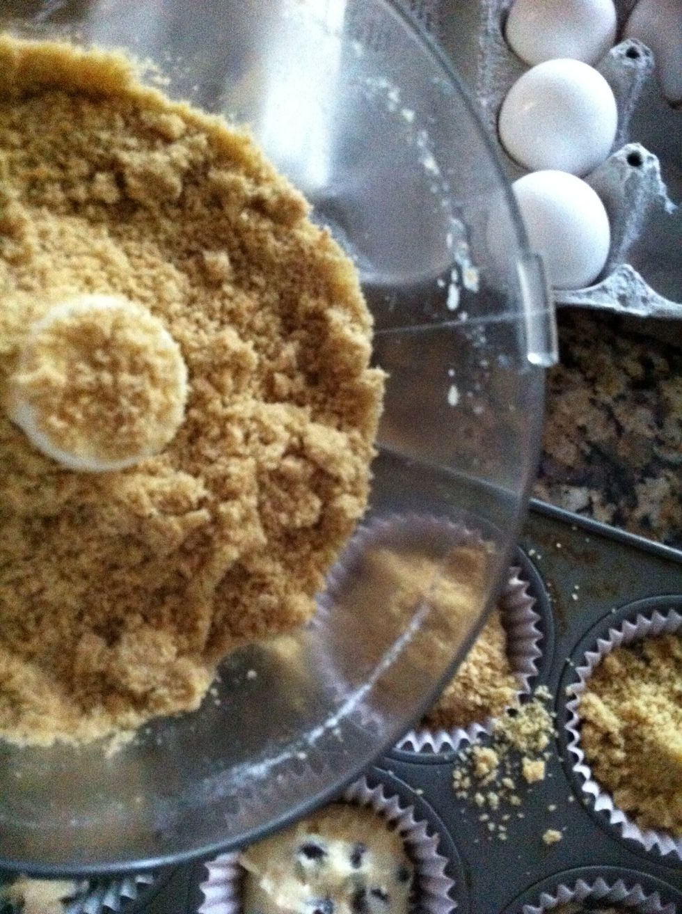 Graham strudel: 1/2 cup of each..flour, brown sugar and graham crackers. Pulse in the food processor and add 6 TB melted butter. If you want a little thicker topping, add more melted butter