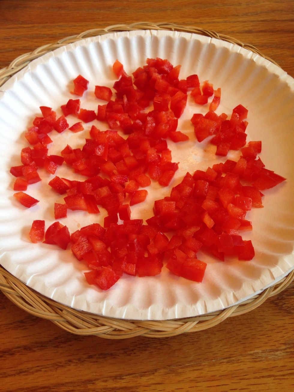 Grandma dehydrated her veggies before adding them to the pasta.  She would layer veggies on paper plates with the most saturated veggies on the bottom layer. Start with red pepper.