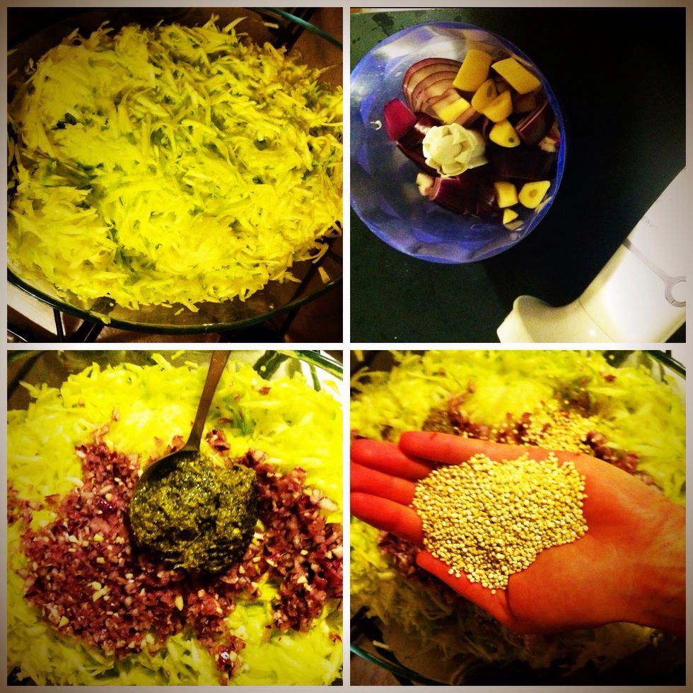 Grate 5 courgettes into baking dish , blend 1 onion and 2 cloves of garlic  and add to it , add hand full of uncooked quinoa