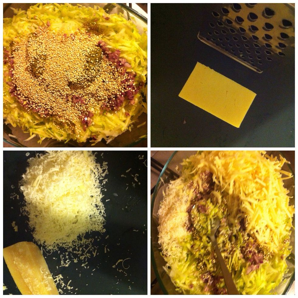 Grate cheddar cheese ( 200g ) and ( 50g )  Parmesan , also add 2 eggs , pinch of salt and black pepper . Now is the time to mix it gently all together with your hands . Add bit of milk ( 50 ml )