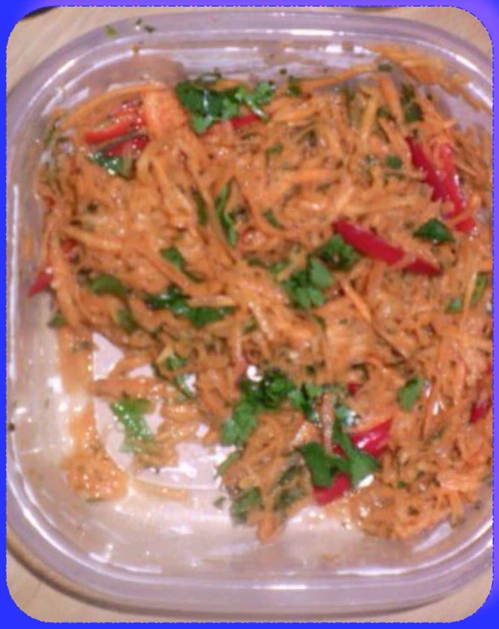 Grate some carrots Chop some chilies and coriander ad a bit  brown Vinegar salt  sugar and pepper and mix And refrigerate taste better the next day
