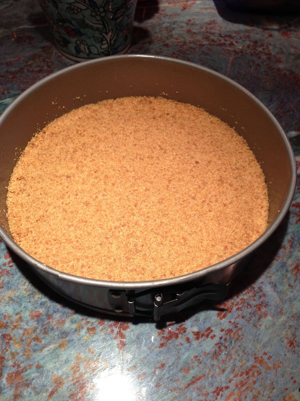 Grease a 9-inch springform pan and press the crumb/sugar/butter mixture into the bottom of the pan. Bake for 10 minutes, then set aside to cool.