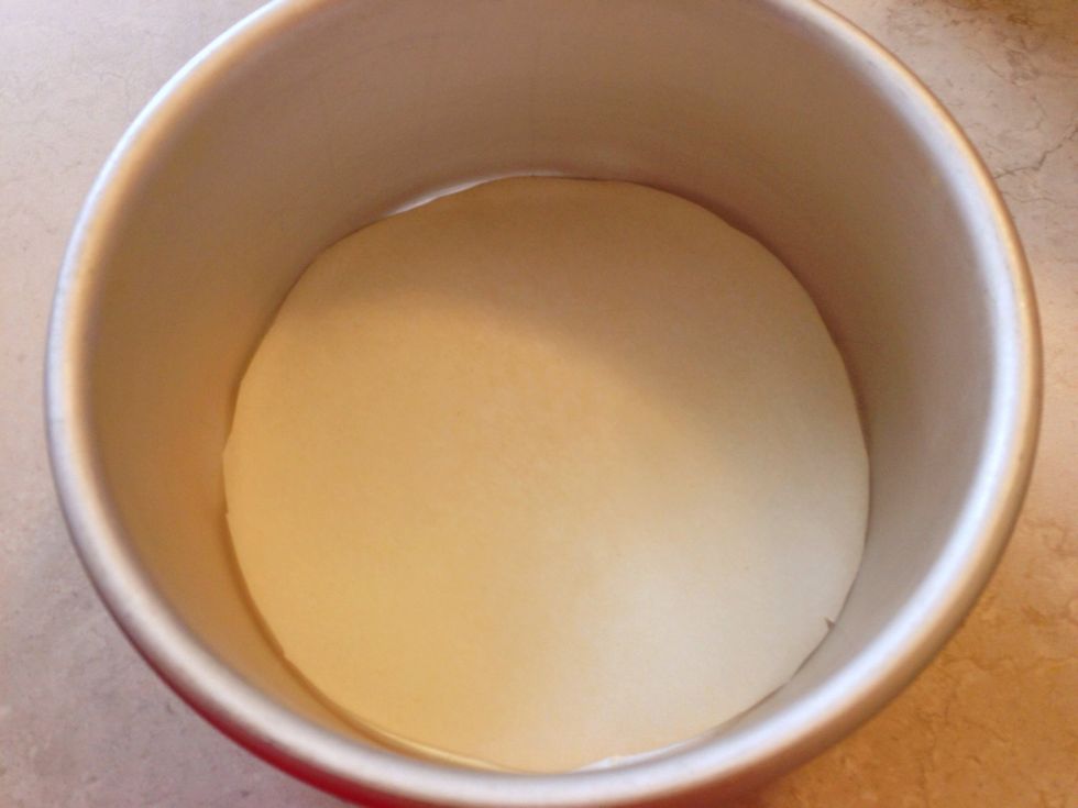 Grease a round baking pan very very lightly. I used shortening. Then trace the bottom of your baking pan to the parchment paper and cut out. Put it into the baking pan. Set aside.
