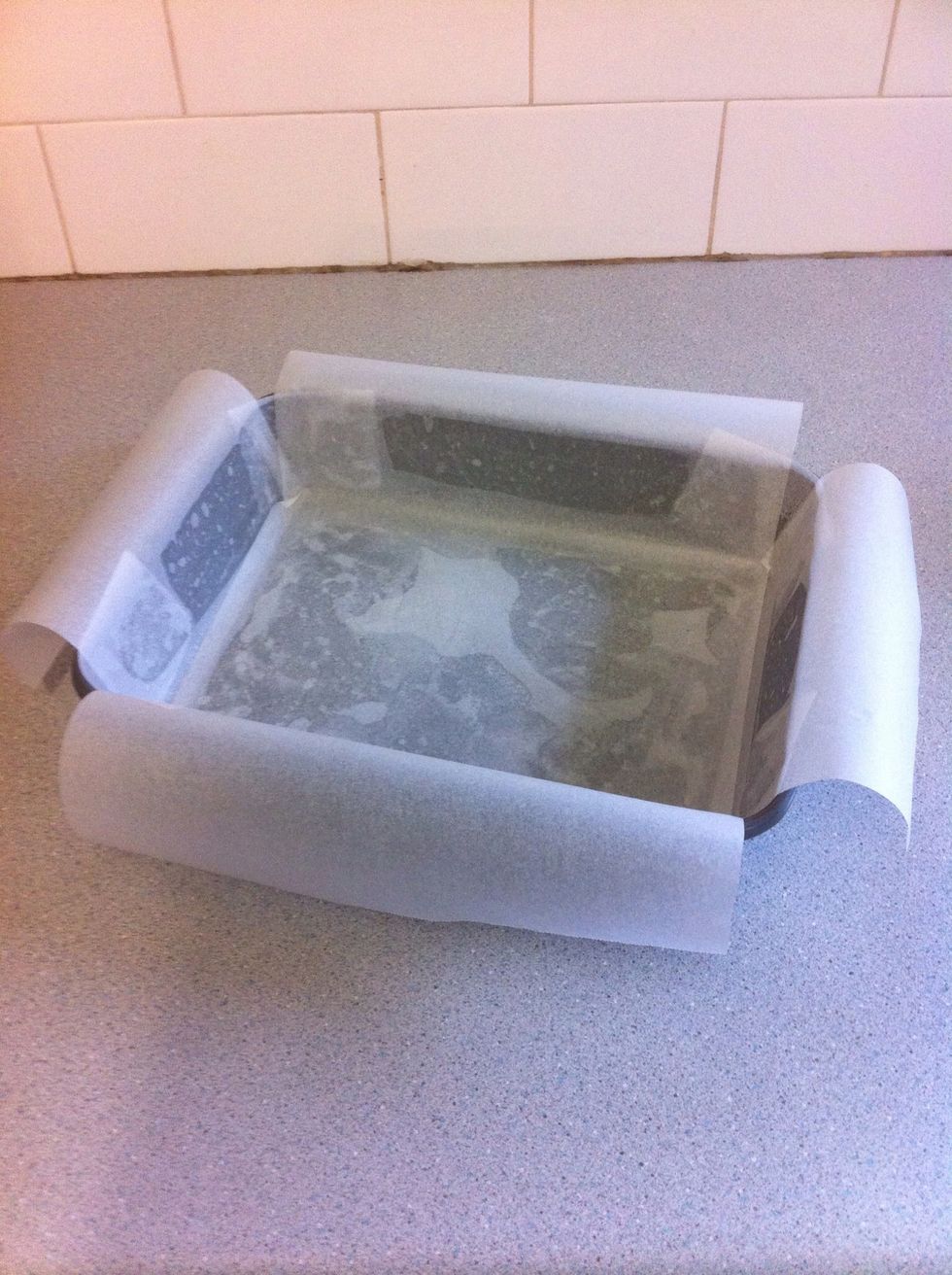 Grease and line a 3cm deep, 16cm x 26cm slice pan with baking paper. Be sure to leave some overhanging the edges.