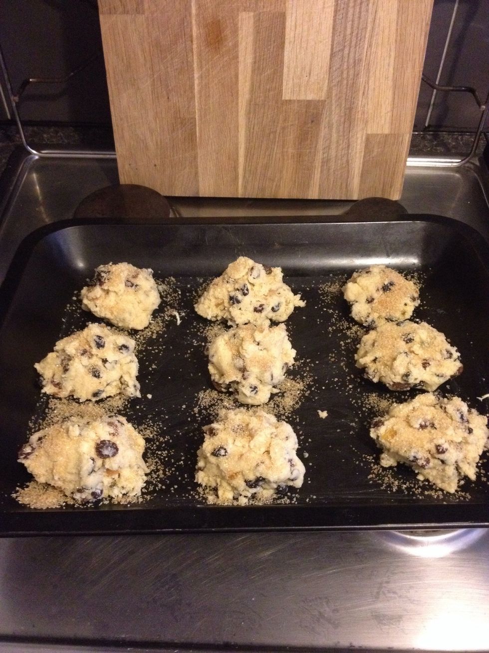 Grease baking tray with butter, divide into 9 rock sized cakes (I guess that's where the got the name) and sprinkle with the Demarara Sugar then place in the over for 15 minutes or until golden