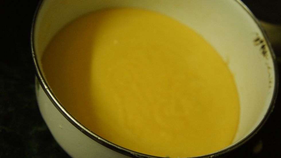 Grease bottom and sides of a 5 inch round pan or vessel and sprinkle lightly with flour. Pour batter into the greased round pan or vessel.