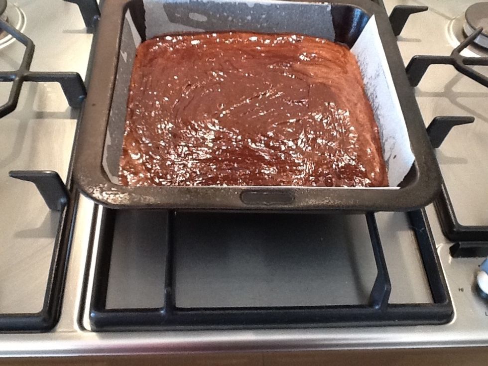Grease & line cake tin. Pour batter in. Smooth the top & cook for 12 minutes. I used a 23cm square but it works equally well with a round or spring form tin! Ensure you grease & line it, either way.