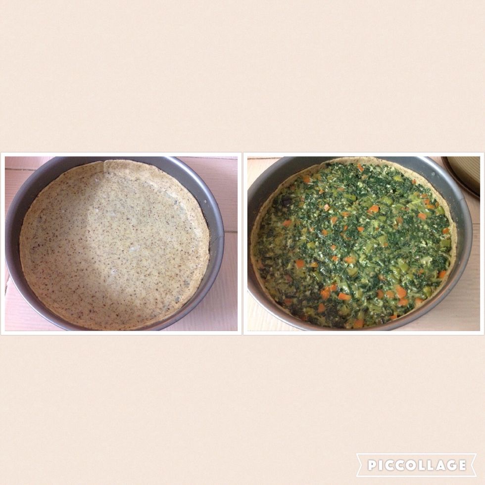 Grease pan. Take 2 balls of dough  and roll them out as thin as possible to cover the bottom of a round baking pan. Make a 3-4 cm tall rim of dough and place around the bottom. Place filling inside.