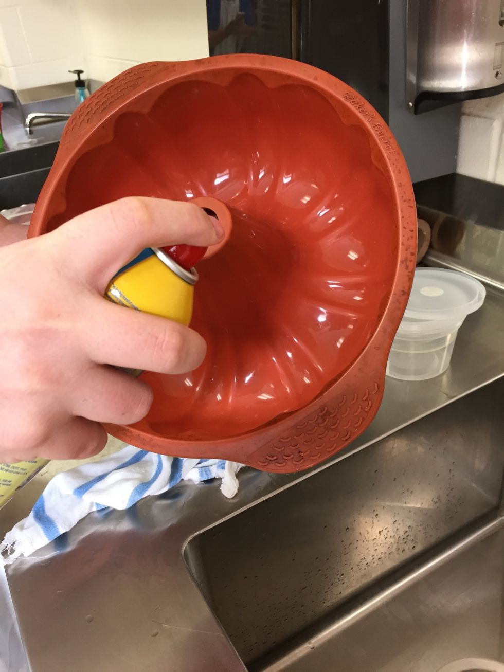 Grease the bundt pan with oil spray or shortening.