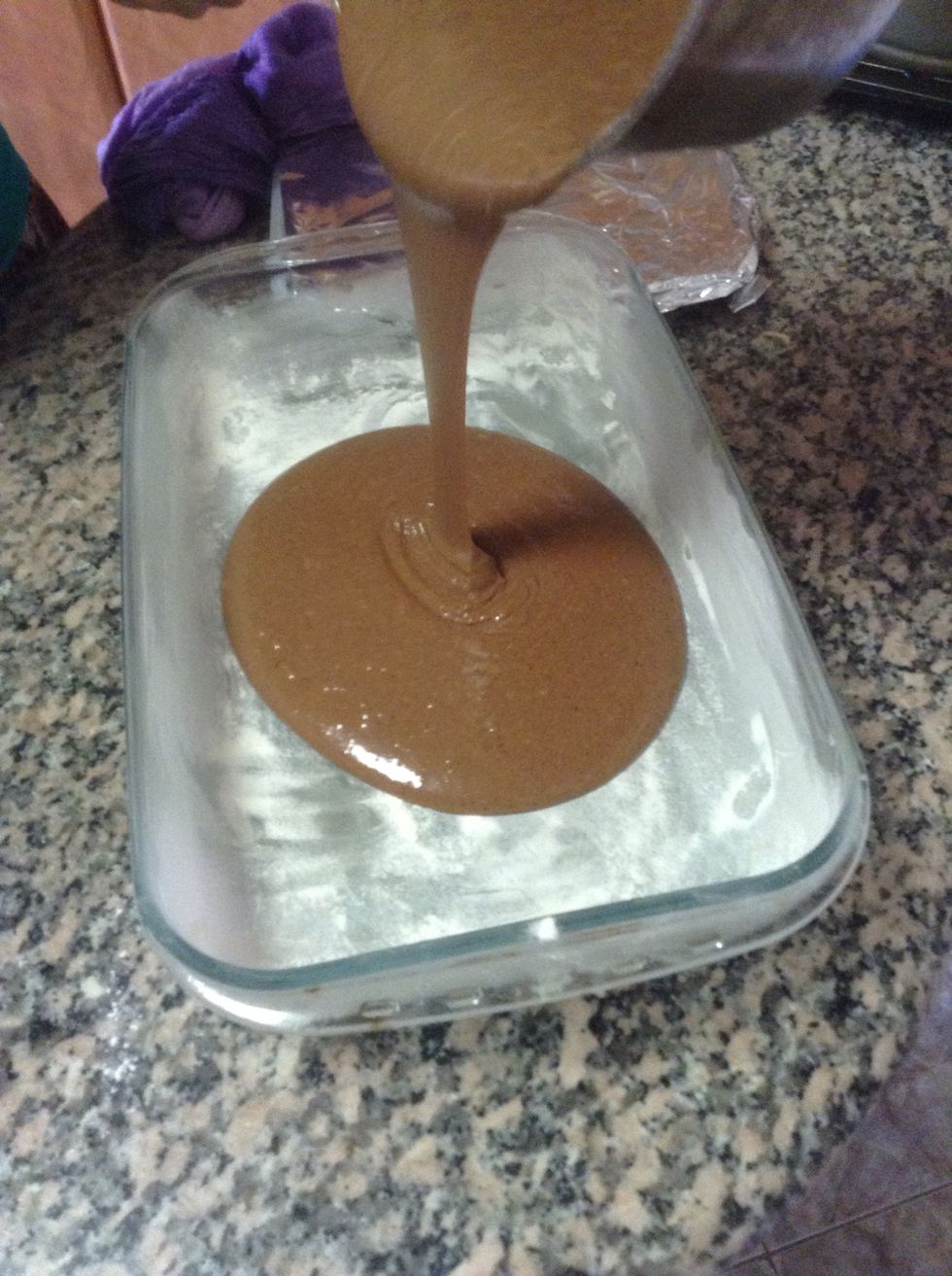 Grease the pan with butter and sprinkle some flour on it, put the batter and bake it for 15, to 20 minutes until the knife come out clean