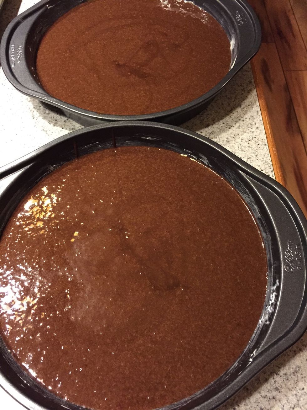 Grease two 9" cake pans with butter or oil. Pour batter into cake pan. Bake for 15-20 mins. Check by sticking a toothpick in the center it should come out clean. If not keep baking.