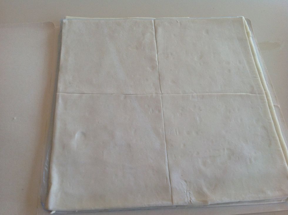 Grease your muffin pan and cut your pastry sheets into quarters