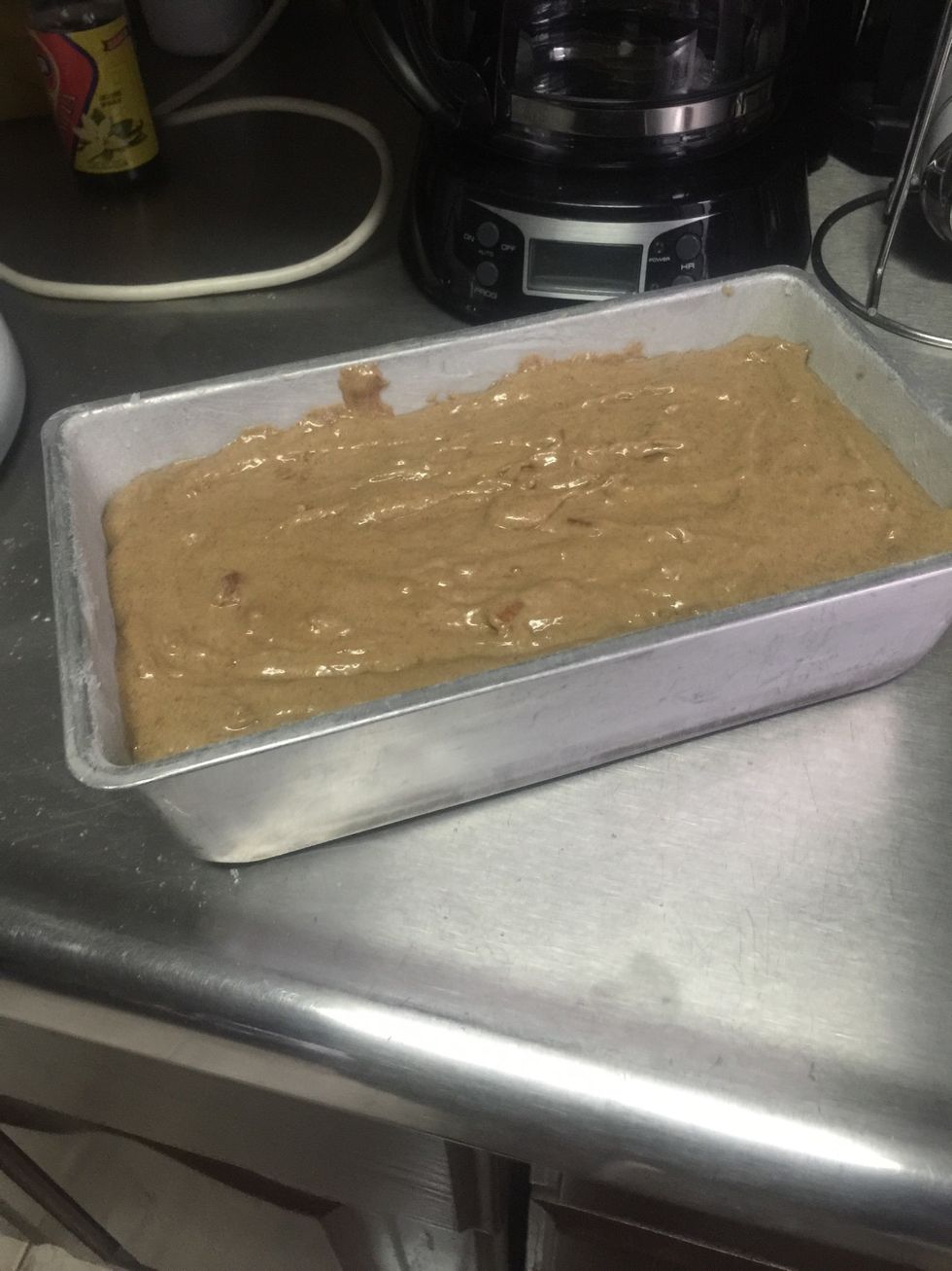 Grease your pan and flour it. Add the mixture to your pan.