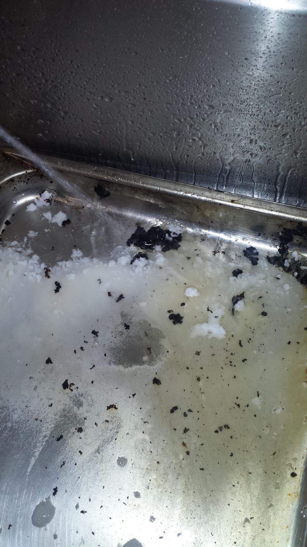 Great for cleaning those pesky spills and messes on stainless steel pans. Wet the pan and sprinkle on and let sit for a few minutes. Here, burnt sugar sprayed right off. Good for your drains too.