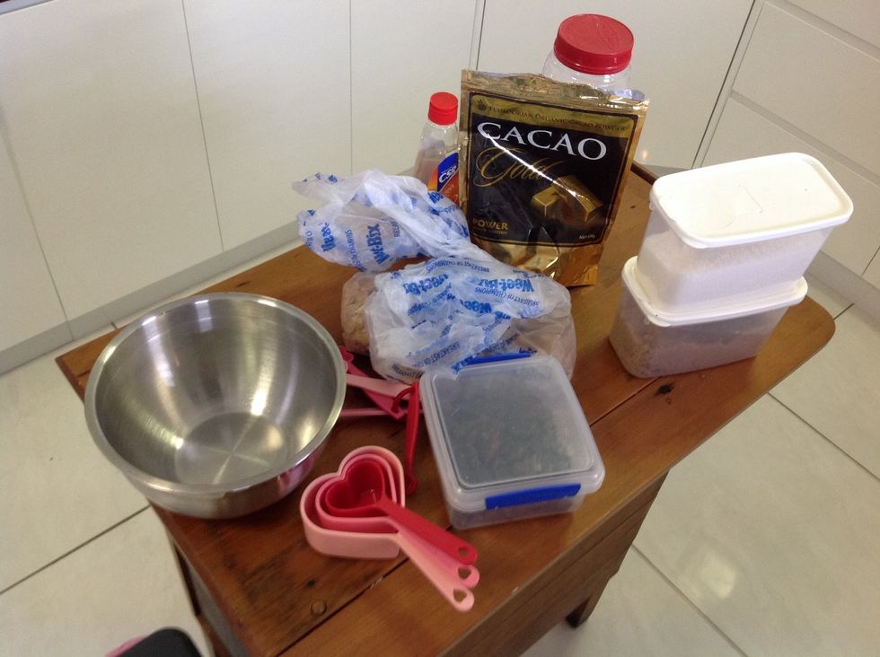 Great for school lunches, to start mix all the dry ingredients into a bowl, add the chopped dates and mix