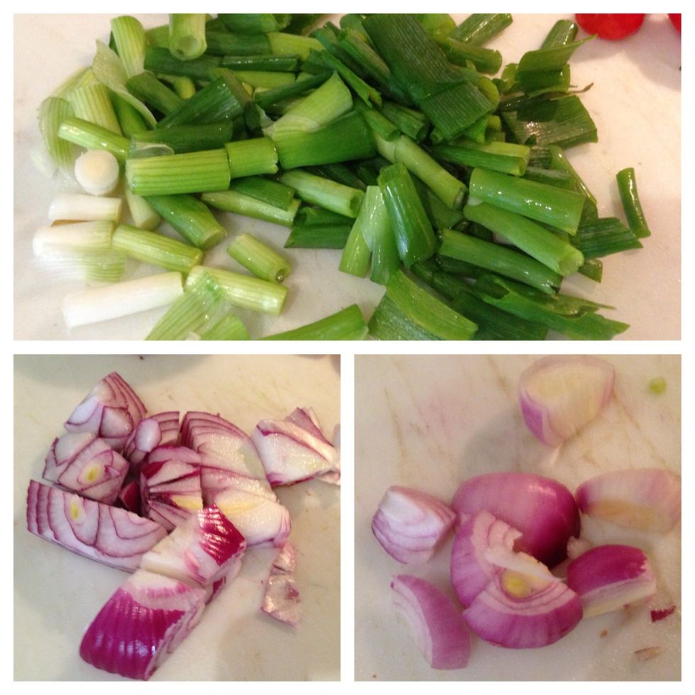 Green onions, onion and shallots with a quick chop.