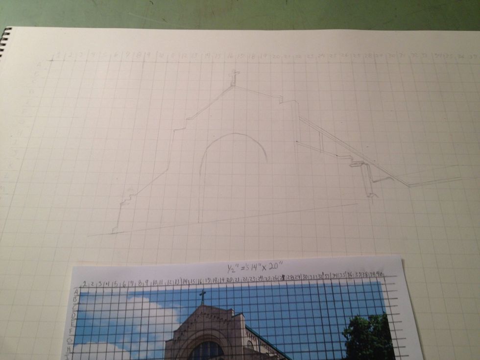 Grid your paper with a larger grid, I usually double my grid, so a .5" grid on my picture would me a 1" grid on paper. Label as on your picture. Then take each coordinate and look at each square.