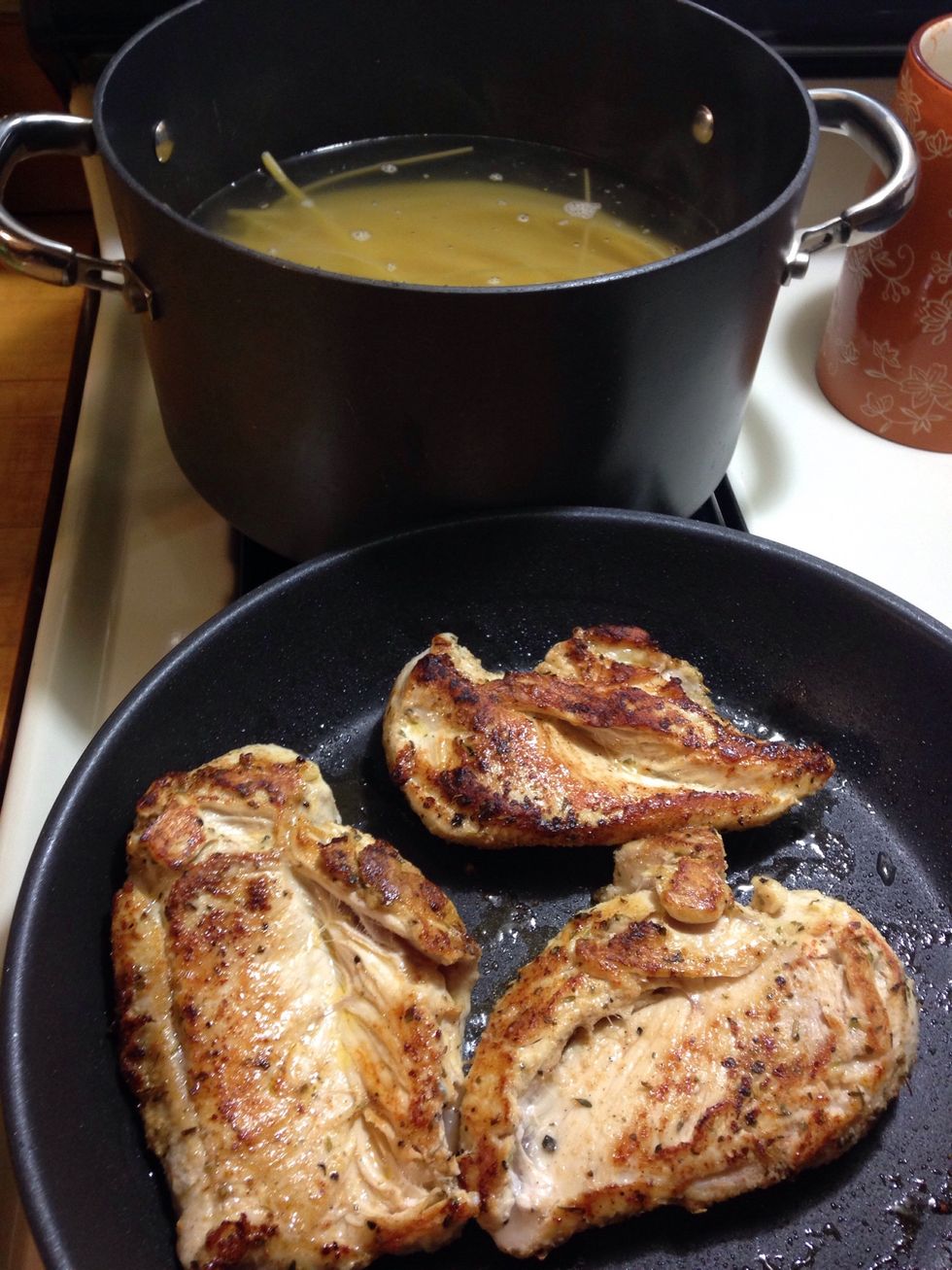 Grill chicken both sides evenly . I like to make sure the chicken is crispy , it adds extra flavor to the meal