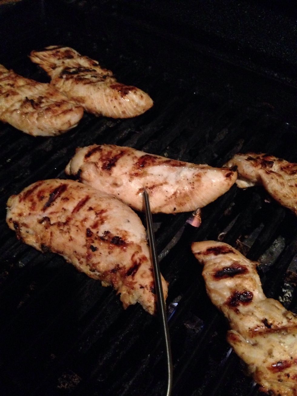 Grill chicken for about 10 minutes or until the internal temp reaches 160 degrees. You should get some great grill marks from the marinade.