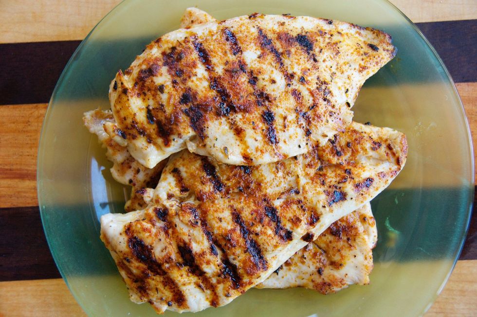 Grill, or pan sear, the chicken until it is just done. Don't over cook it, it will cook in 5-6 minutes since the chicken was butterflied. 2-3 minutes per side. Let chicken rest for 10 minutes.