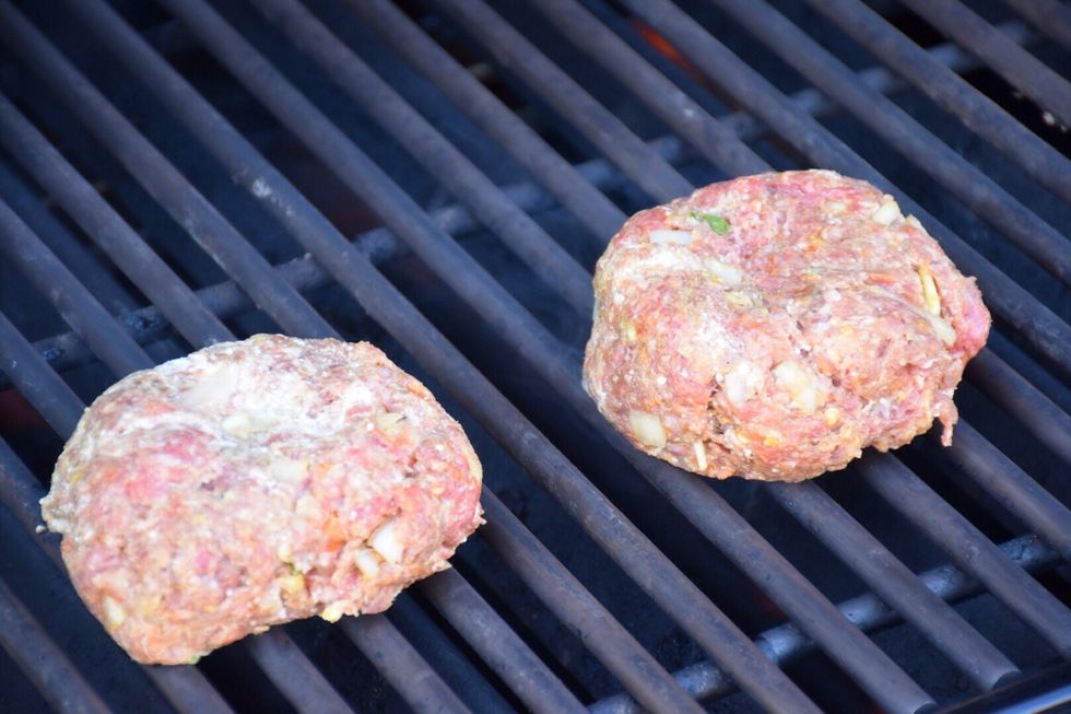 Grill patties 4 min each side on medium-high or until thermometer reads 145F. Notice they are slightly indented in the center. During grilling the burger expands.