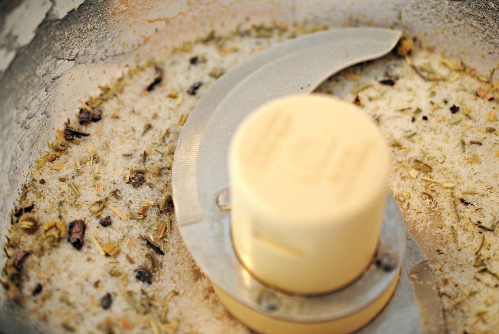 Grind the sugar and DAVIDsTEA Sweet Dreams herbal infusion together. I used a food processor, but a blender or mortar and pestle will work too.