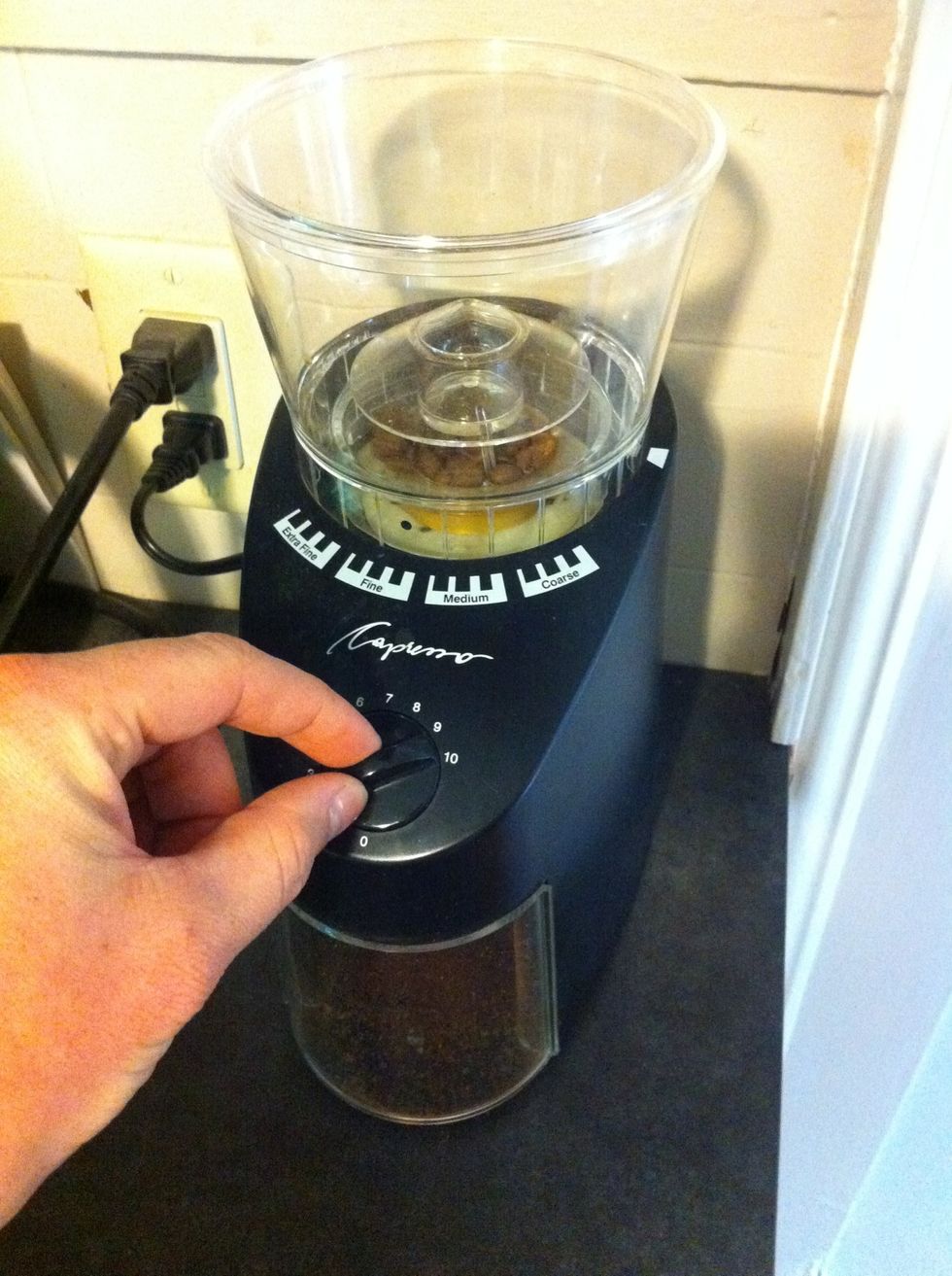 Grind your beans on the slightly finer side. You want the whole pour-over process to last about 2:30-3:00 minutes in total, and the grind is 1 factor to this (the pour is the other)