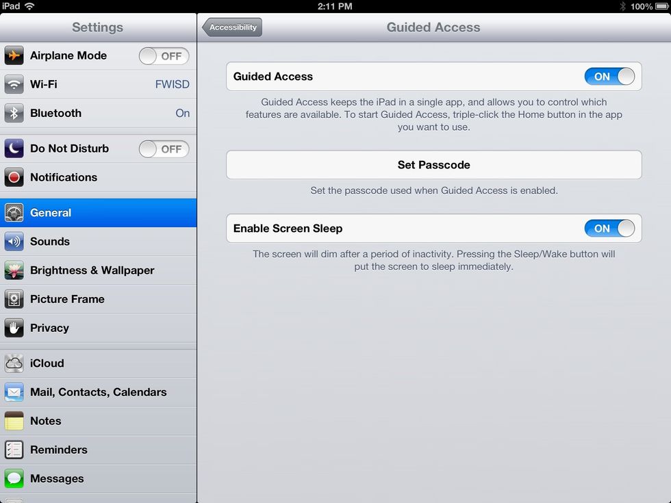 Guided access keeps the iPad in a single app and allows you to control which features are available. Set a passcode.