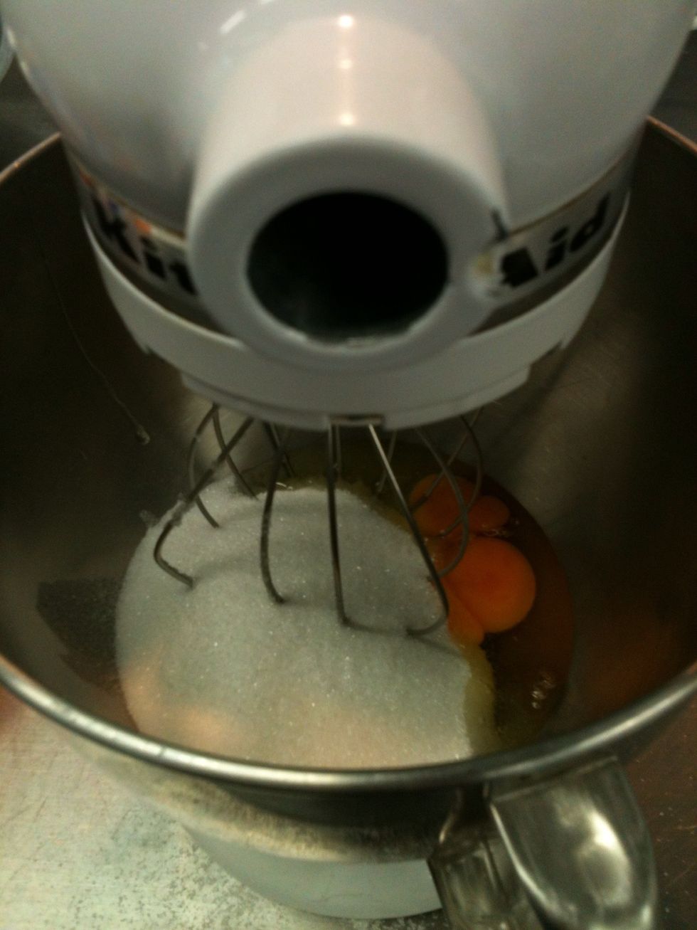 Hacer un batido semi-liviano (velocidad m\u00e1xima) mezclando los huevos y el azucar.