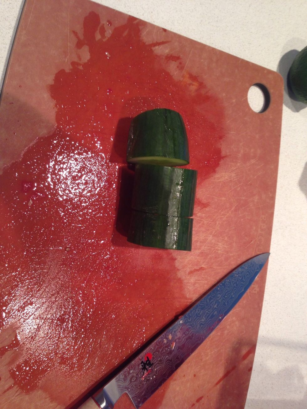 Hack up 1/4 of a cucumber. I leave the skin on and wash, but you can also remove the peel if you prefer