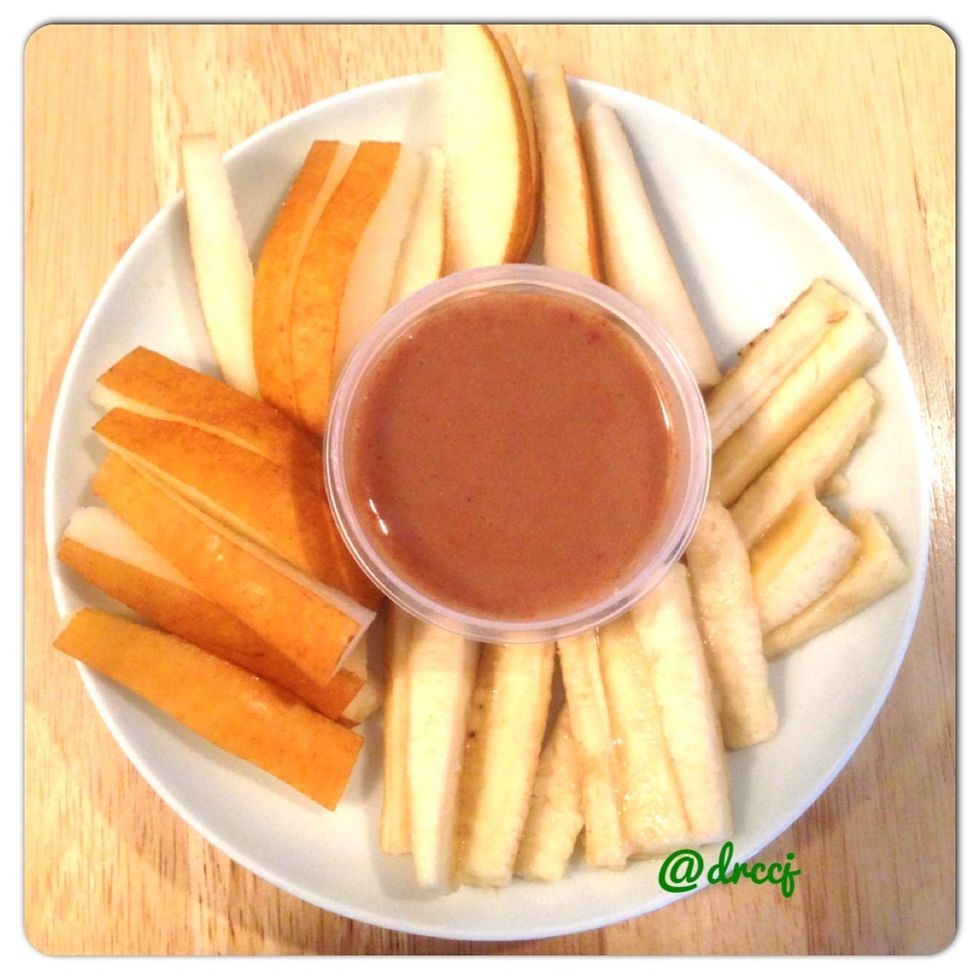 Had organic pear and banana slices with chestnut butter fruit dip. Dip is made with chestnut butter, raw organic honey, almond and coconut milk, cinnamon, nut meg and all spice.