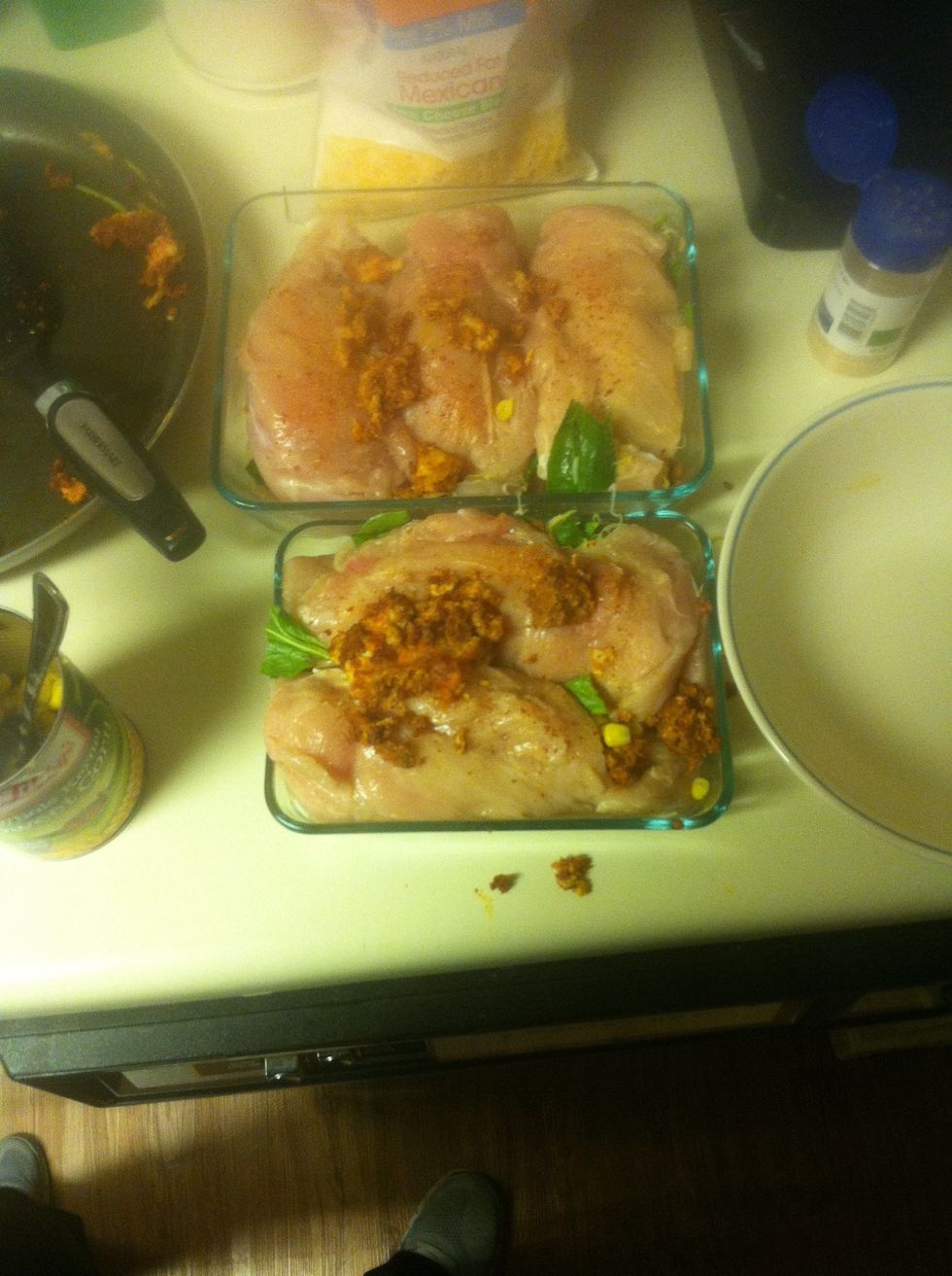 Had to squeeze into two dishes. I actually tried using a different sauce for the smaller dish and poured my homemade salsa over it. Turned out just as good if not better.