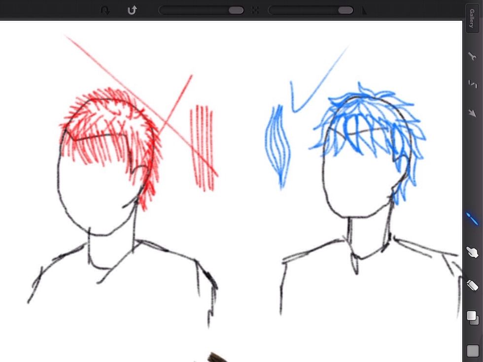 Hair tend to group, its too hard to draw every single hair, think as small strips of cloth and shade them as such