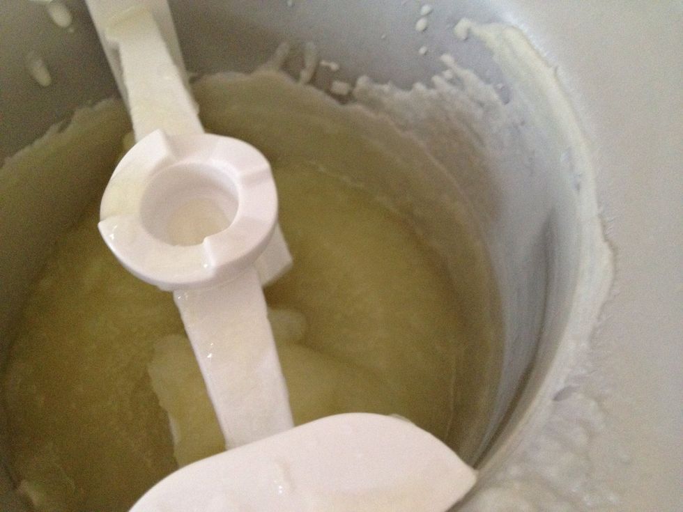 Half frozen melon/ sugar mix. The reason you have to stir so often when you use your freezer is to avoid crystals to form. Some crystals will form in the freezer because of the high water %