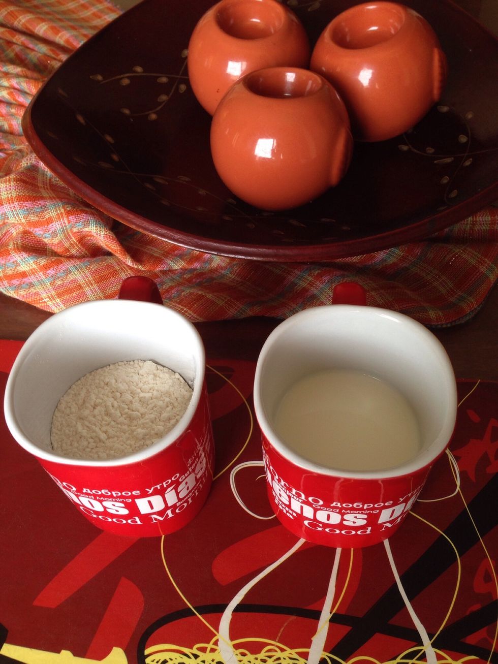 Half of flour and almost a half of milk