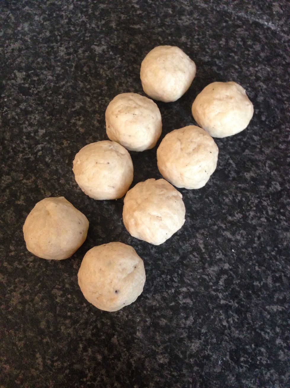 Half the ball and repeat the process until you have 8. Roll each into a small ball. (These will almost double in size when cooking)