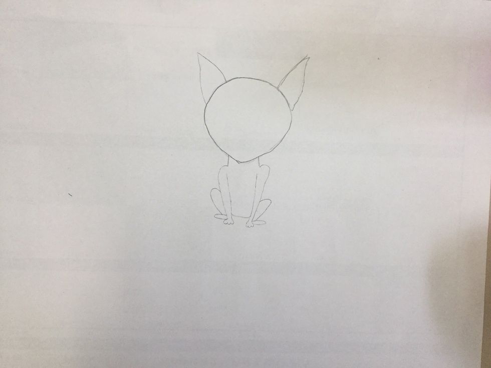 Halfway down the arm on both sides, draw a curve going out and pull them slightly inwards to look like the cat's legs when it is sitting. On the end draw a horizontal oval to make the foot.