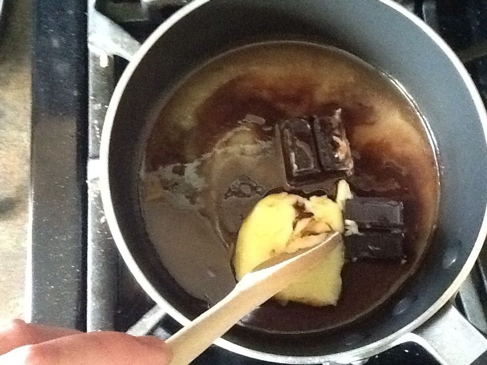 Halfway there :) Stir the chocolate and butter occasionally to keep it from burning to bottom.