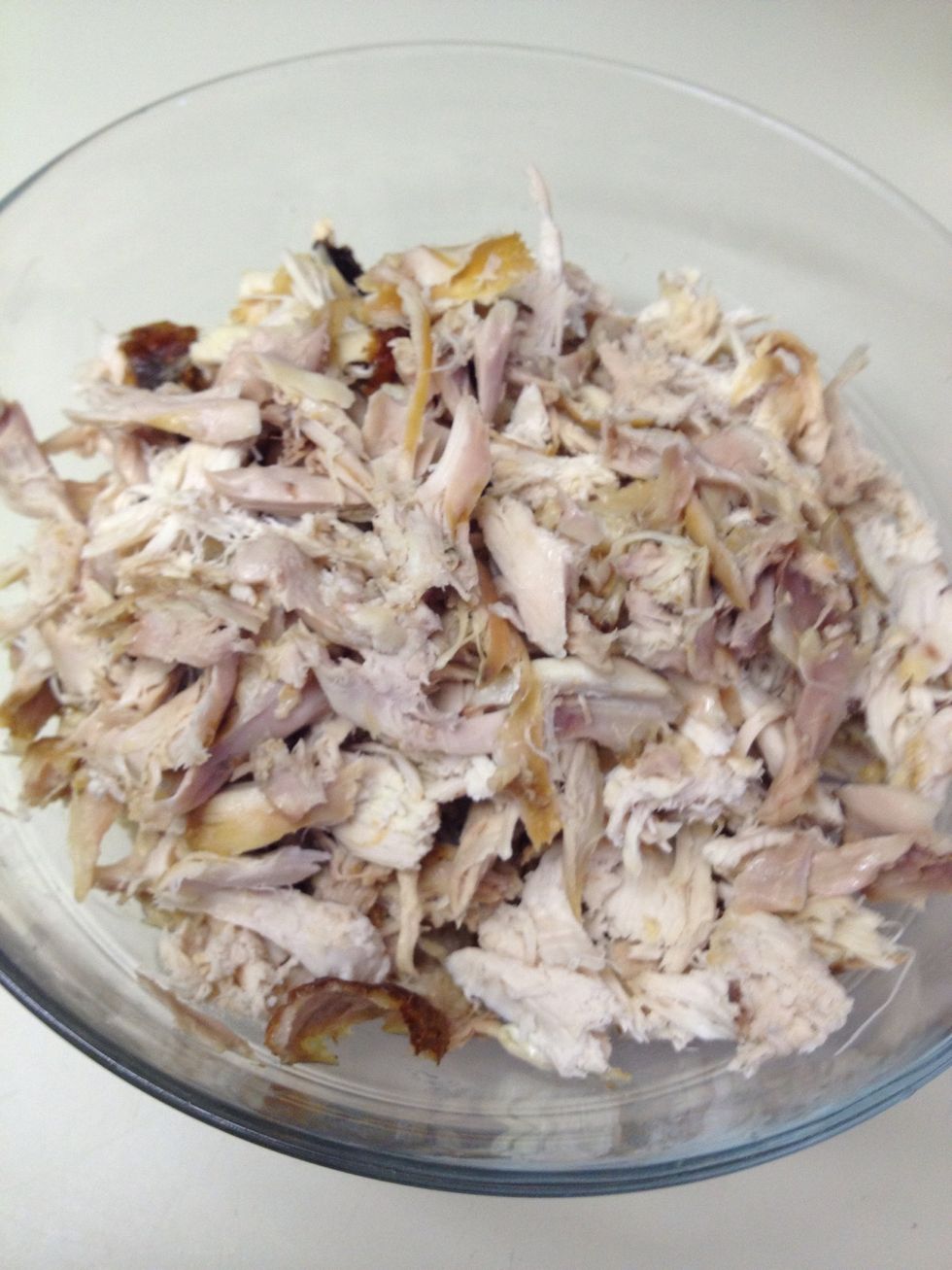 Hand Shred your rotisserie chicken and place in large bowl.