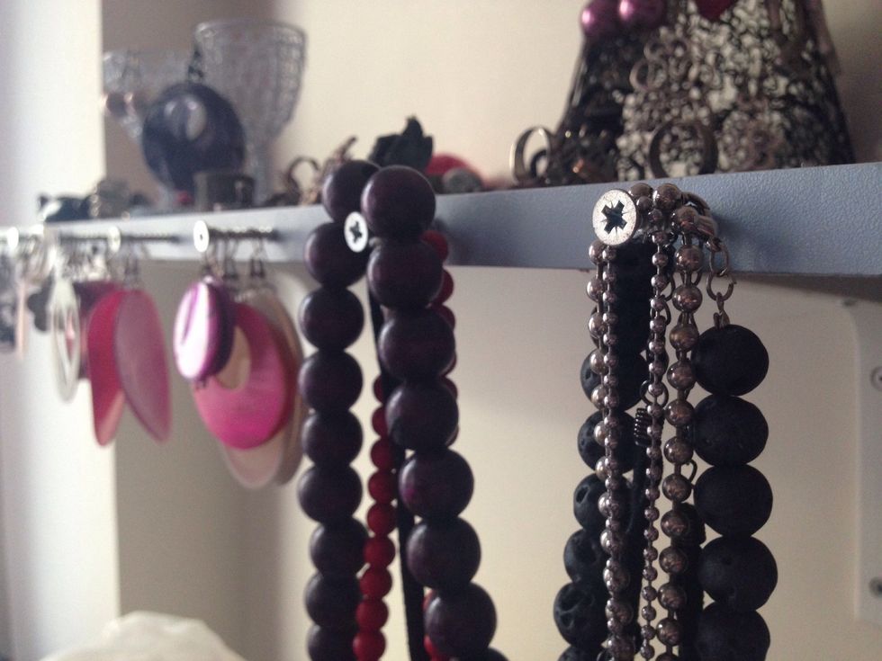 hang your earrings and necklaces! 1 screw is usually good for 2-3 pairs or items, to not get tangled and for easy pick up.