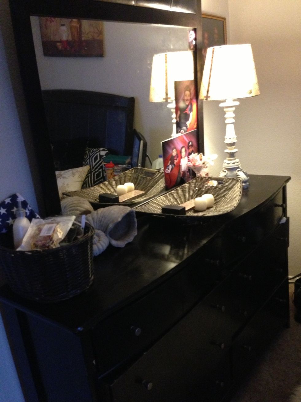 Hard for me thus the wicker basket full of my boutique items a vintage shell (thrifted) wicker item to collect various items and my gifted lamp simple try to refrain from clutter hard for me \ud83d\ude01