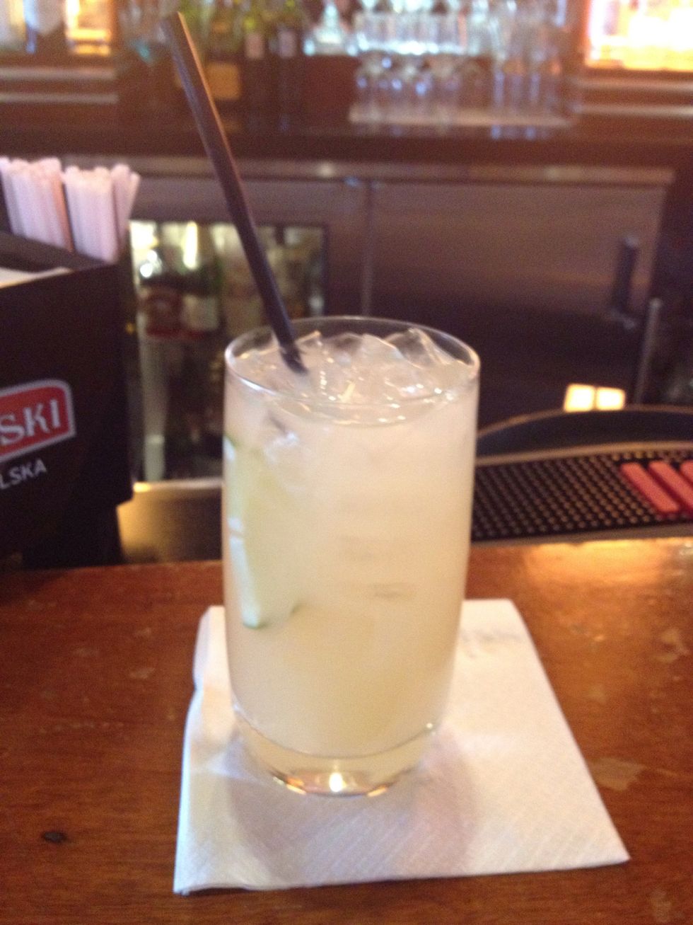 Have an alcoholic drink ("hair of the dog"). I prefer one with juice so you get some much needed vitamins. In this case it is a "Salty Dog" (vodka, grapefruit juice, salted glass ).